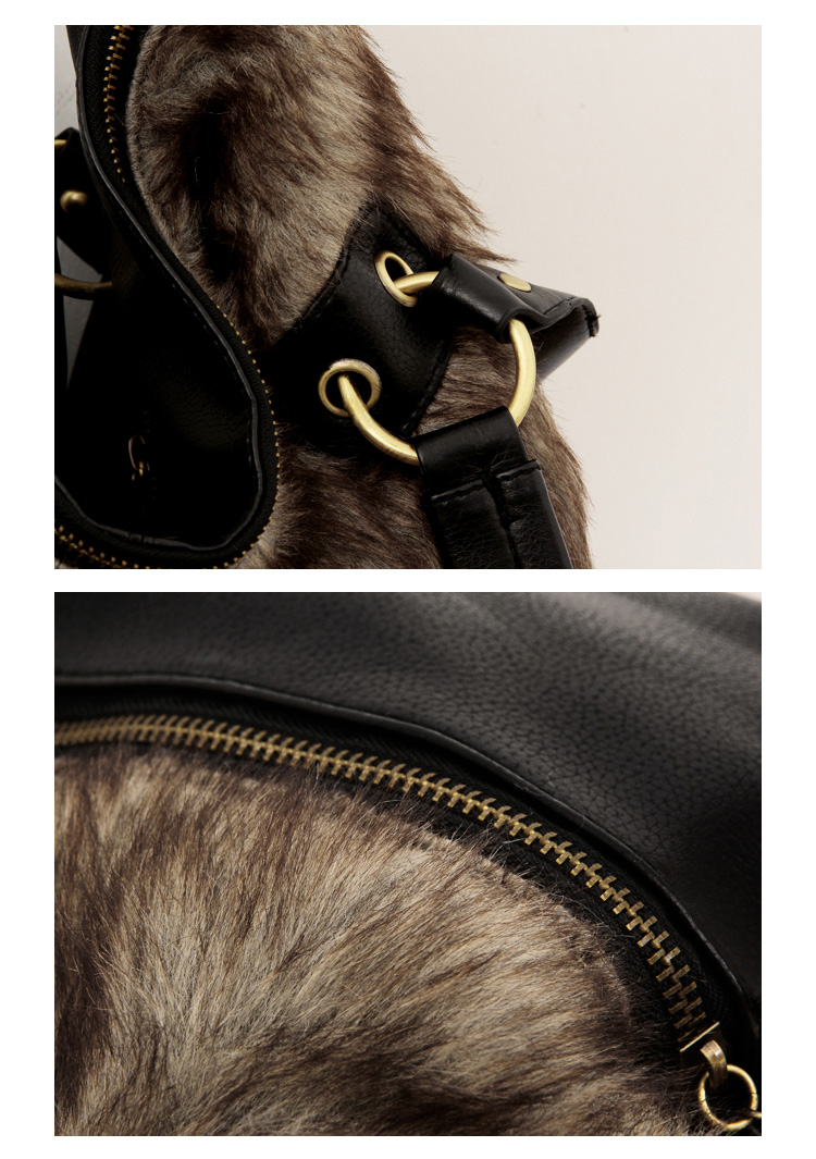 40cm RABBIT FUR STYLE BLACK PU LEATHER HAND BAG